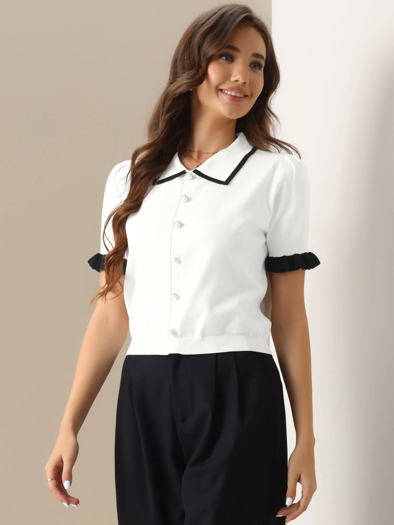 Colorblock Short Sleeve Button Down Knit Top