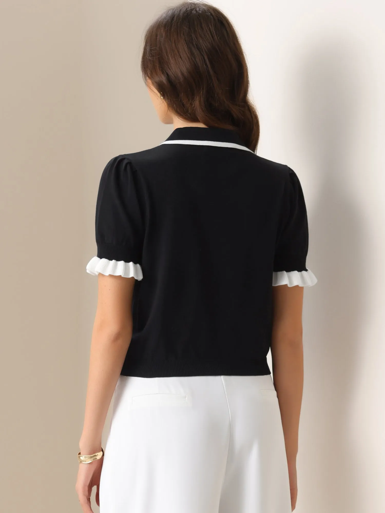 Colorblock Short Sleeve Button Down Knit Top