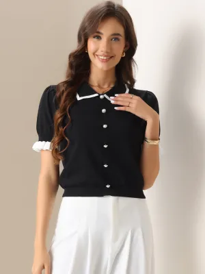 Colorblock Short Sleeve Button Down Knit Top
