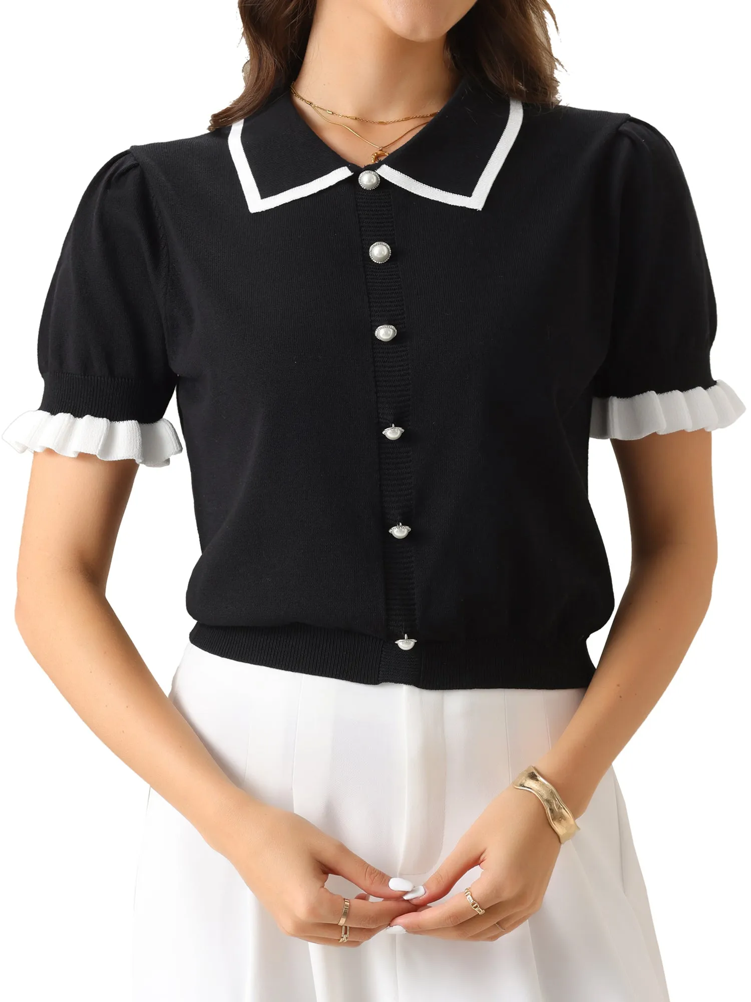 Colorblock Short Sleeve Button Down Knit Top
